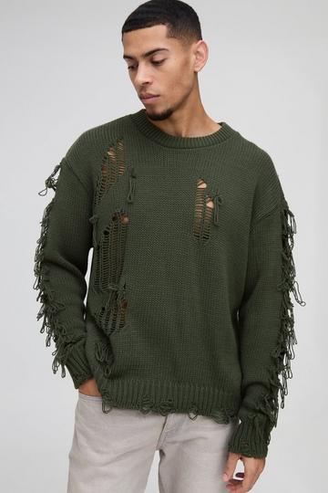 Oversized Boxy Distressed Textured Knitted Jumper khaki