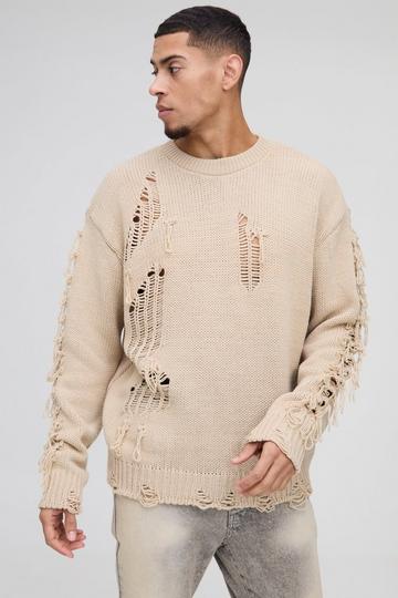 Oversized Boxy Distressed Textured Knitted Jumper stone