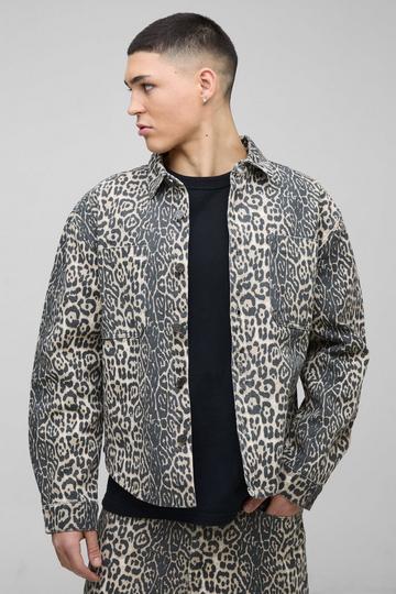 Oversized Washed Twill Leopard Overshirt tan