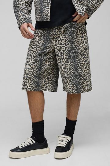 Gebleekte Baggy Keperstof Luipaardprint Shorts tan