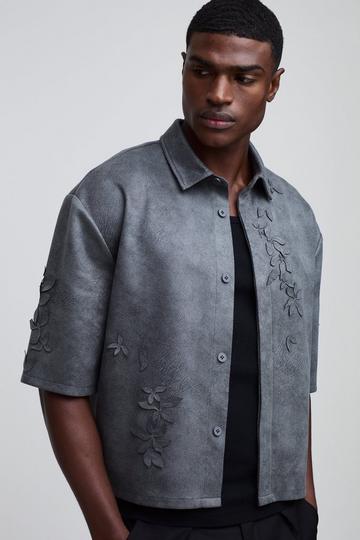 Oversized Boxy Faux Suede 3D Floral Shirt charcoal