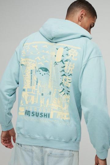 Oversized Sushi Graphic Washed Hoodie dusty blue