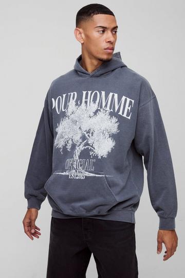 Charcoal Grey Oversized Pour Homme Tree Graphic Washed Hoodie