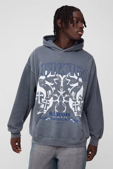 Charcoal Grey Oversized Chicago Gothic Cross Graphic Washed Hoodie