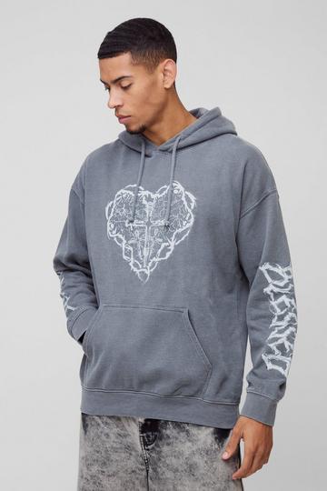 Oversized Cross Heart Gothic Graphic Washed Hoodie charcoal