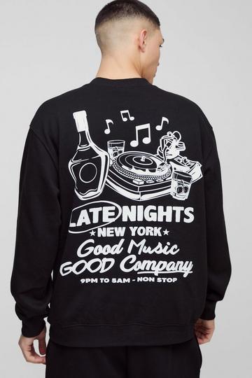 Oversized Late Nights Cartoon Graphic Sweatshirt black