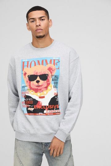 Oversized Homme Bear Magazine Graphic Sweatshirt grey marl