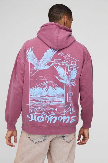 Burgundy Red Oversized Homme Bird Volcano Graphic Washed Hoodie