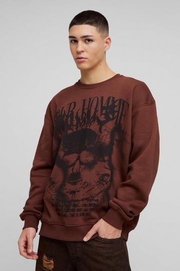 Oversized Homme Skull Over Seams Graphic Sweatshirt dark brown