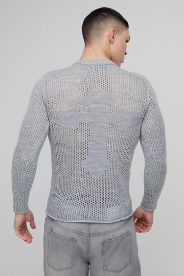 Grey Muscle Fit Open Stitch Cross Graphic Long Sleeve Knitted T-Shirt