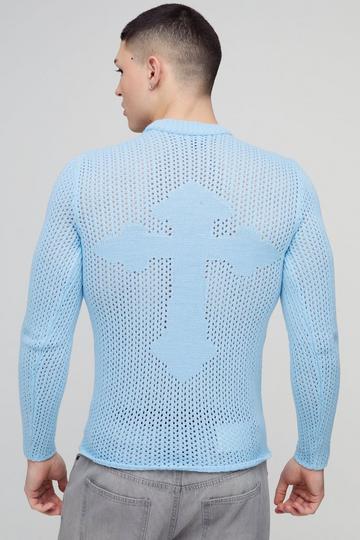 Muscle Fit Open Stitch Cross Graphic Long Sleeve Knitted T-Shirt blue