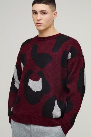 Burgundy Red Oversized Eyelash Knit Leopard Print Knitted Jumper