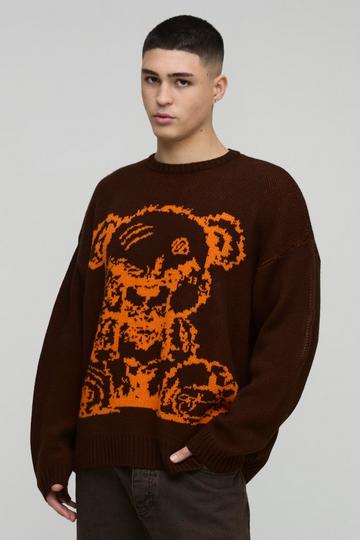 Brown Oversized Teddy Graphic Knitted Jumper