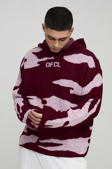 Ofcl Oversized Camo Raw Hem Knitted Hoodie burgundy