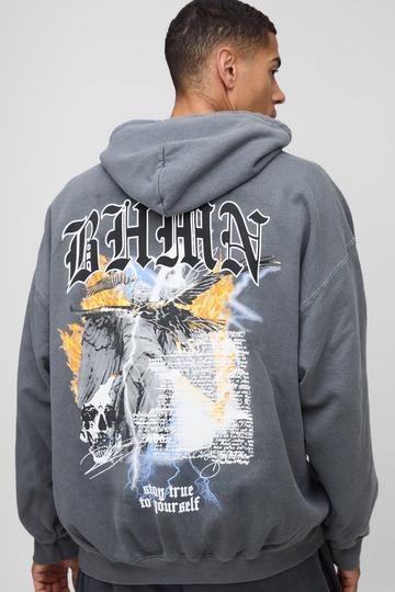 Charcoal Grey Oversized BHMN Gothic Bird Large Graphic Washed Hoodie