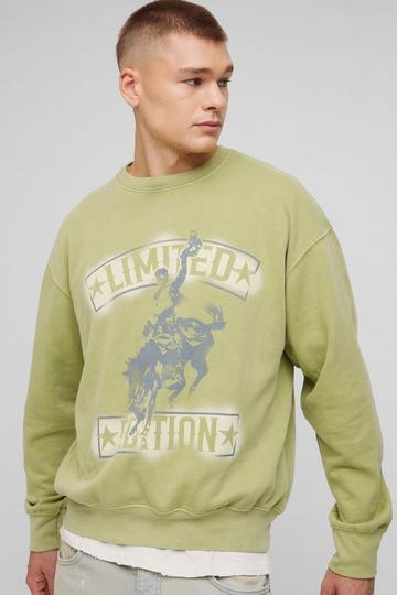 Oversized Limited Western Graphic Washed Sweatshirt olive