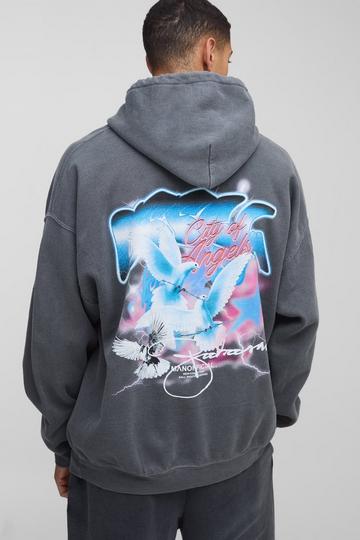 Charcoal Grey Oversized OFCL Graffiti Bird Graphic Washed Hoodie