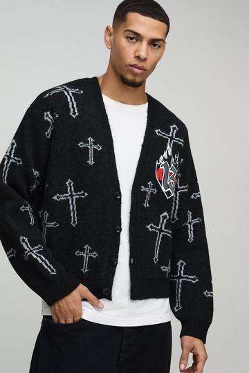 Black Oversized Boxy Cross Graphic Brushed Knitted Cardigan