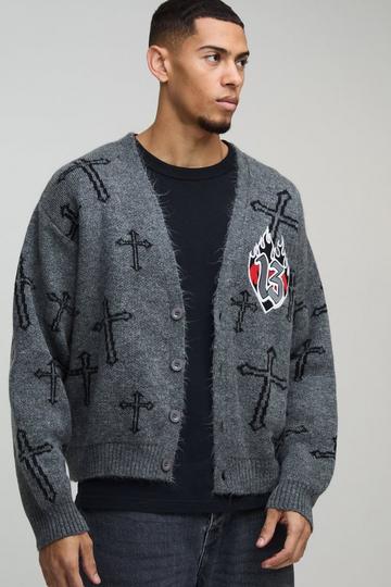 Oversized Boxy Cross Graphic Brushed Knitted Cardigan grey