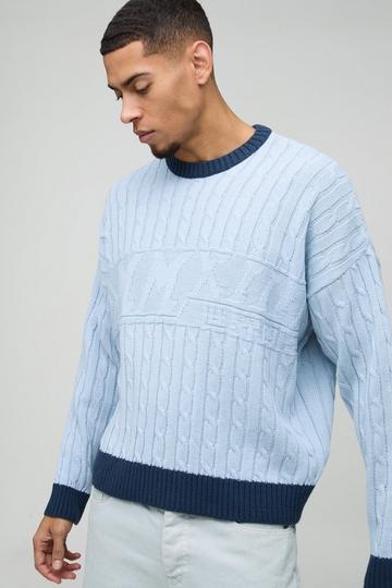 Blue Oversized Boxy Tonal Cable Knitted Jumper