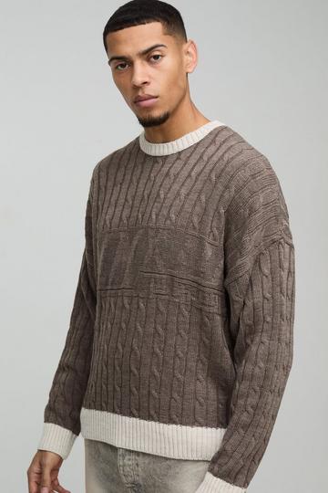 Oversized Boxy Tonal Cable Knitted Jumper brown