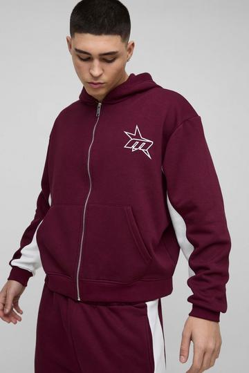 Oversized Boxy M Star Panelled Zip Through Hoodie burgundy