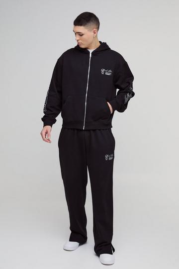 Black Oversized Boxy Official Man Zip Hooded Tracksuit