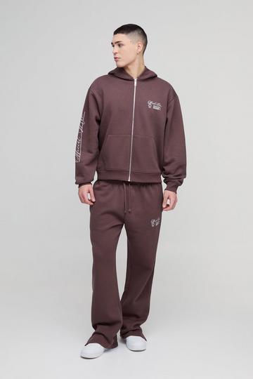 Oversized Boxy Official Man Zip Hooded Tracksuit brown