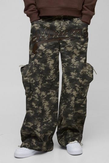 Elasticated Waist Extreme Baggy Twill Printed Camo Cargo Trousers khaki