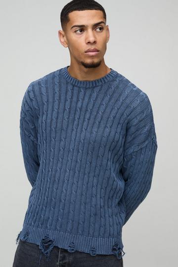 Blue Oversized Boxy Cable Knit Acid Wash Knitted Jumper