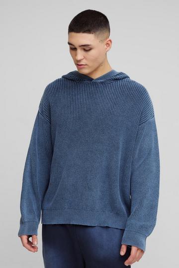 Oversized Boxy Acid Wash Knitted Hoodie blue