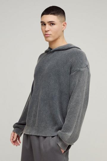 Charcoal Grey Oversized Boxy Acid Wash Knitted Hoodie