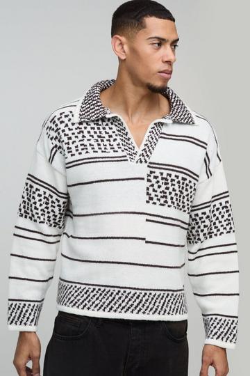 Oversized Boxy Brushed Patterned Knitted Polo Jumper white