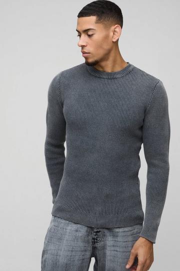 Muscle Fit Ribbed Acid Wash Knitted Jumper charcoal