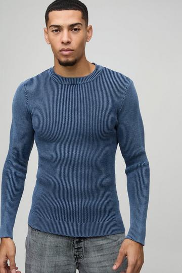 Muscle Fit Ribbed Acid Wash Ribbed Knitted Jumper blue