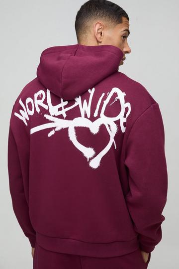 Oversized Boxy Spray Graffiti Print Hoodie burgundy