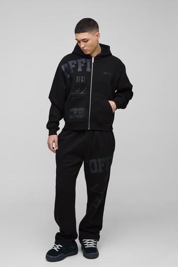 Black Oversized Boxy Official Tonal Print Zip Hooded Tracksuit