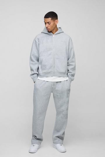 Oversized Boxy Official Tonal Print Zip Hooded Tracksuit grey marl
