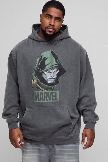 Charcoal Grey Plus Oversized Wash Marvel Dr Doom License Print Hoodie