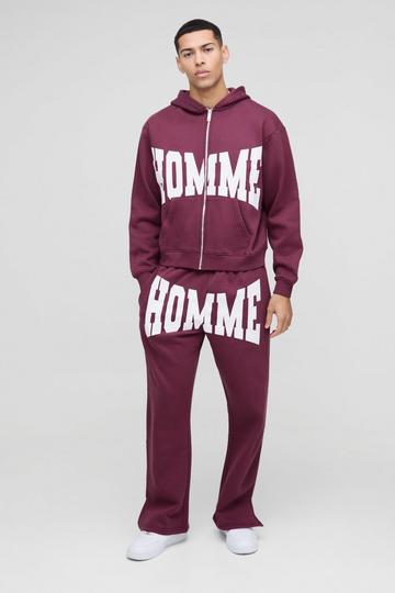 Oversized Homme Zip Hooded Split Hem Tracksuit burgundy