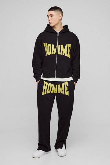 Black Oversized Homme Zip Hooded Split Hem Tracksuit