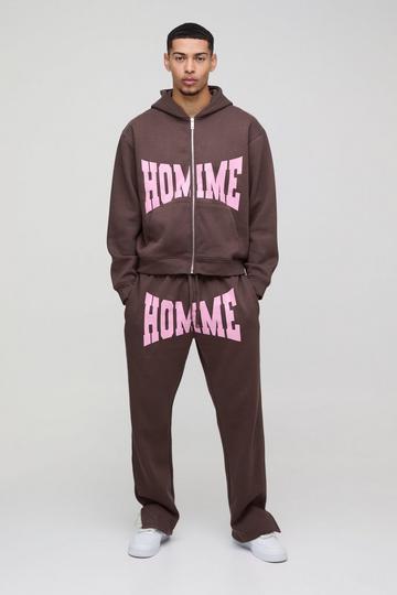 Oversized Homme Zip Hooded Split Hem Tracksuit brown