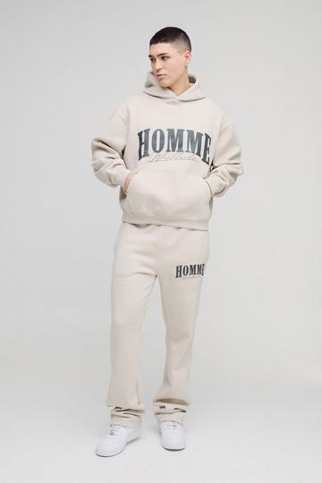 Oversized Boxy Homme Stack Flare Hooded Tracksuit stone