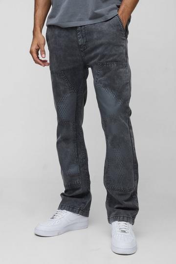 Slim Flare Acid Wash Twill Printed Carpenter Trousers dark grey