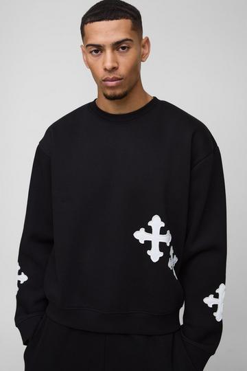 Black Oversized Boxy Gothic Cross Applique Sweatshirt