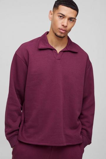 Burgundy Red Oversized Revere Neck Rugby Polo Sweatshirt