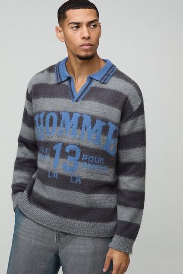 Oversized Brushed Striped V Neck Knit Polo grey