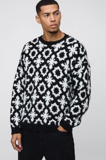 Black Oversized Dropped Shoulder Jacquard Brushed Knit Jumper