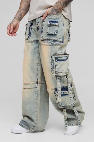 Tall Baggy Rigid Multi Pocket Strap Detail Cargo Jeans mid wash