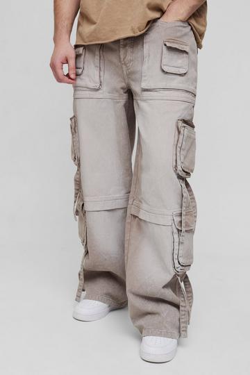 Tall Baggy Rigid Multi Pocket Strap Detail Cargo Jeans stone